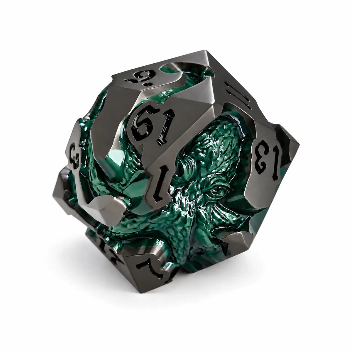 Kelpbound Kraken gunmetal D20 with a glossy deep green kraken design and black numbers on a white background.