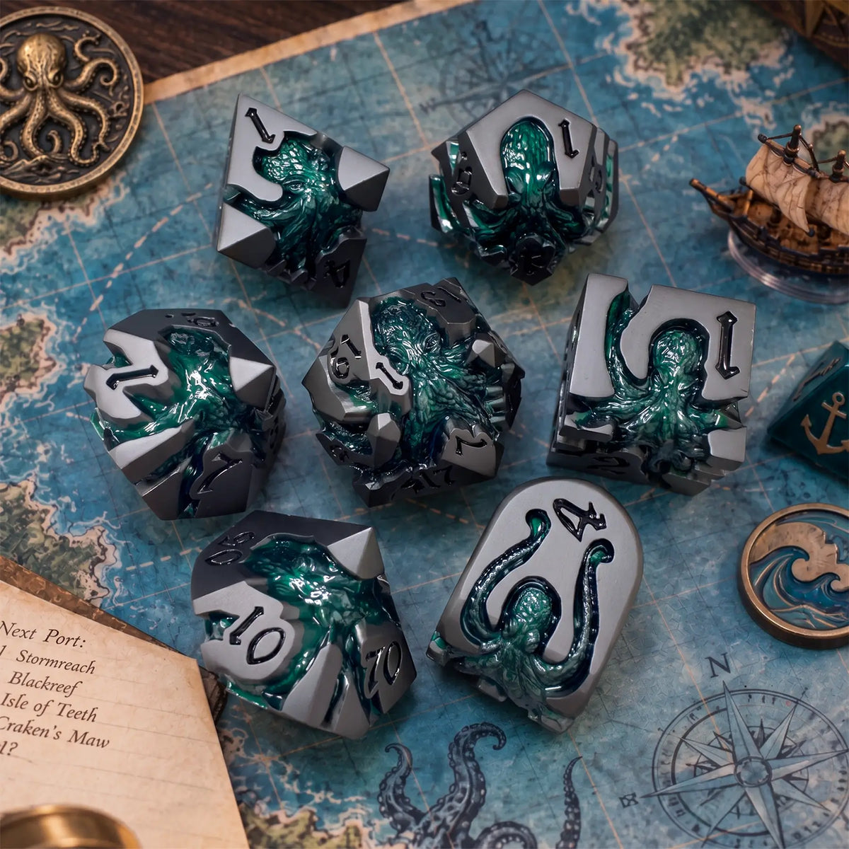 Kelpbound Kraken 7-piece gunmetal dice set with deep green kraken designs in a nautical adventure game scene.