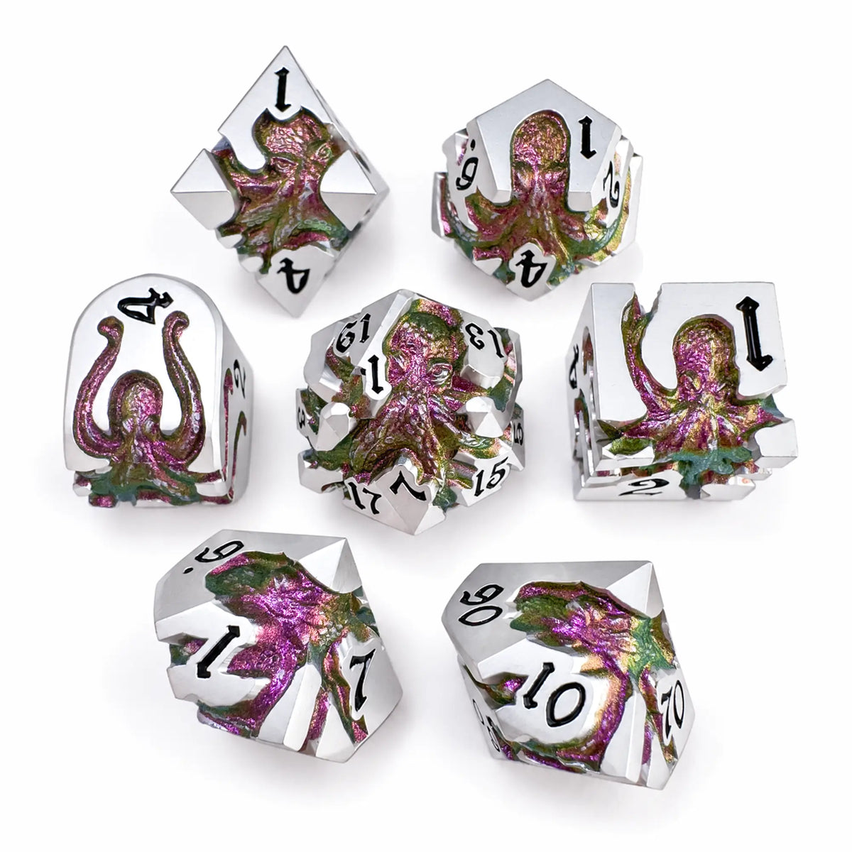 Mirage Reef Kraken 7-piece silver-tone DND dice set with green-purple-gold chameleon pigment kraken design.