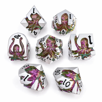 Mirage Reef Kraken 7-piece silver-tone DND dice set with green-purple-gold chameleon pigment kraken design.