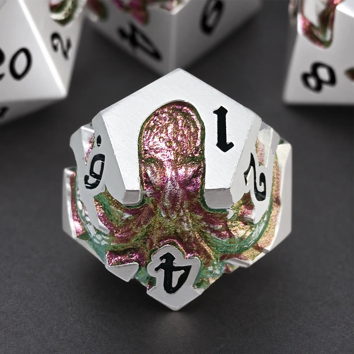 Mirage Reef Kraken silver-tone D12 with green-purple-gold chameleon pigment kraken design.