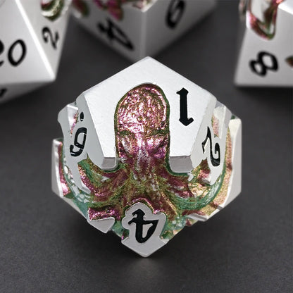 Mirage Reef Kraken silver-tone D12 with green-purple-gold chameleon pigment kraken design.