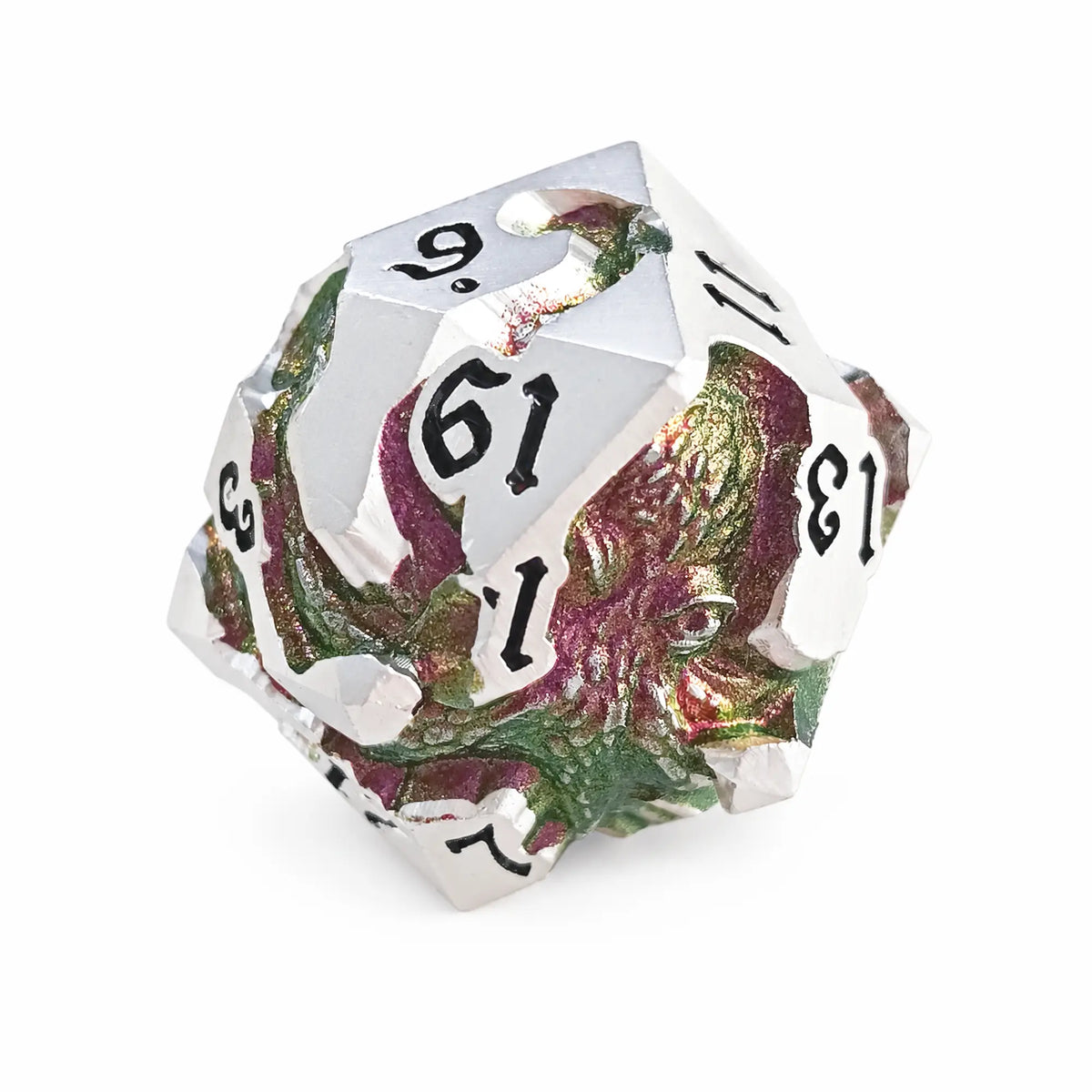 Mirage Reef Kraken silver-tone D20 with green-purple-gold chameleon pigment kraken design and black numbers.