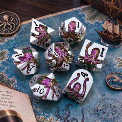 Mirage Reef Kraken 7-piece silver-tone dice set with green-purple-gold chameleon pigment in a nautical adventure game scene.