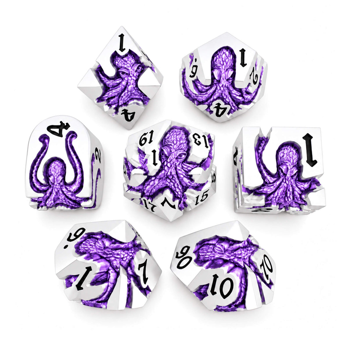 Moonveil Kraken 7-piece silver-tone metal DND dice set with purple pearlescent kraken designs and black numbers on a white background.