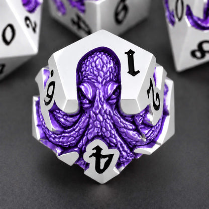 Moonveil Kraken silver-tone metal D12 featuring a purple pearlescent kraken design and black numbers on a dark background.