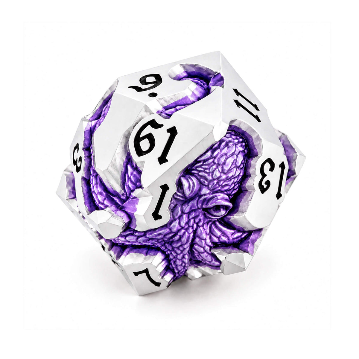 Moonveil Kraken silver-tone metal D20 with purple pearlescent kraken design and black numbers on a white background.