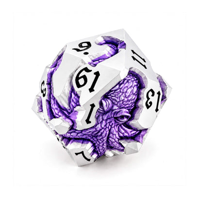 Moonveil Kraken silver-tone metal D20 with purple pearlescent kraken design and black numbers on a white background.