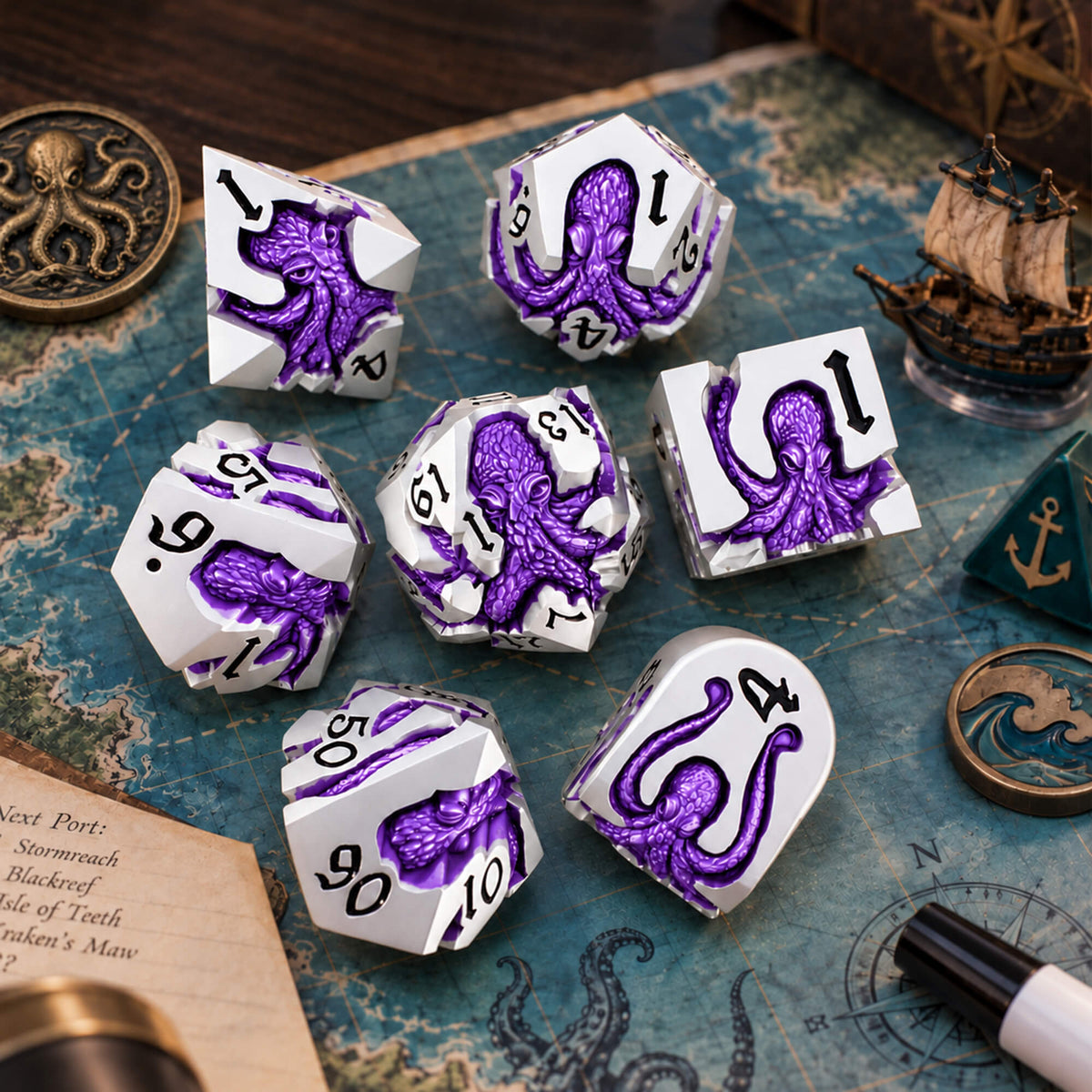 Moonveil Kraken 7-piece silver-tone metal DND dice set with purple pearlescent kraken designs displayed on a nautical map with ocean-themed props.
