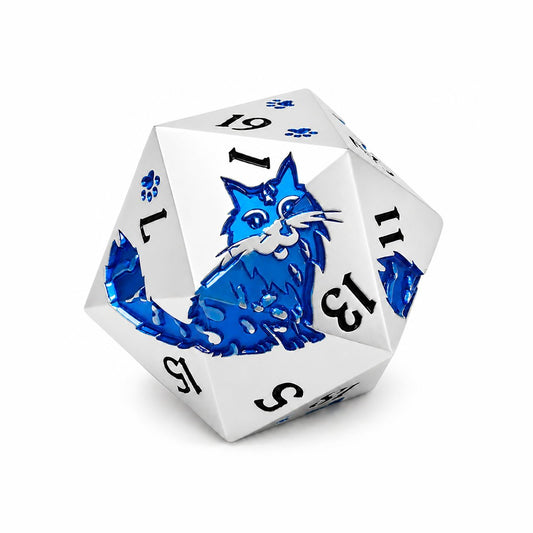 Moonwhisker single D20 silver-white metal DND die with blue cat motif and black numbers on white background.