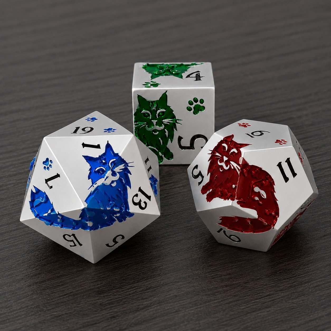 Moonwhisker close-up of three silver-white metal DND dice with colorful cat designs on a dark wood tabletop.