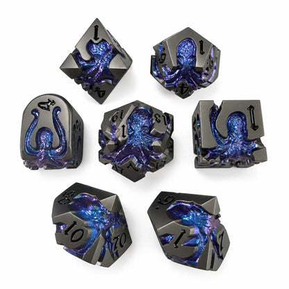Nightfall Kraken 7-piece gunmetal DND dice set with blue-purple chameleon pigment kraken designs.