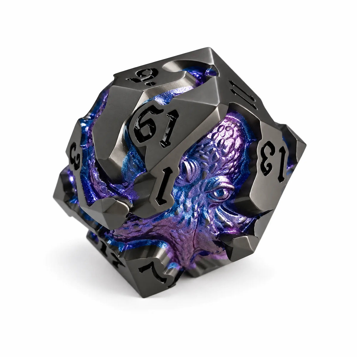 Nightfall Kraken gunmetal D20 with blue-purple chameleon pigment kraken design and black numbers.