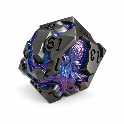 Nightfall Kraken gunmetal D20 with blue-purple chameleon pigment kraken design and black numbers.