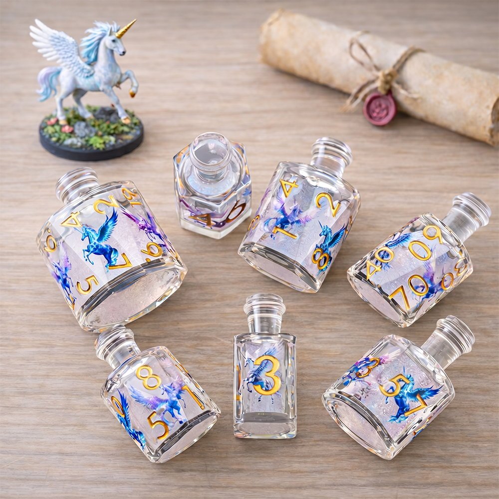 Pegacorn 7-piece clear resin liquid core DND dice set with pegacorn motifs in a tabletop scene with pegacorn figurine and parchment.