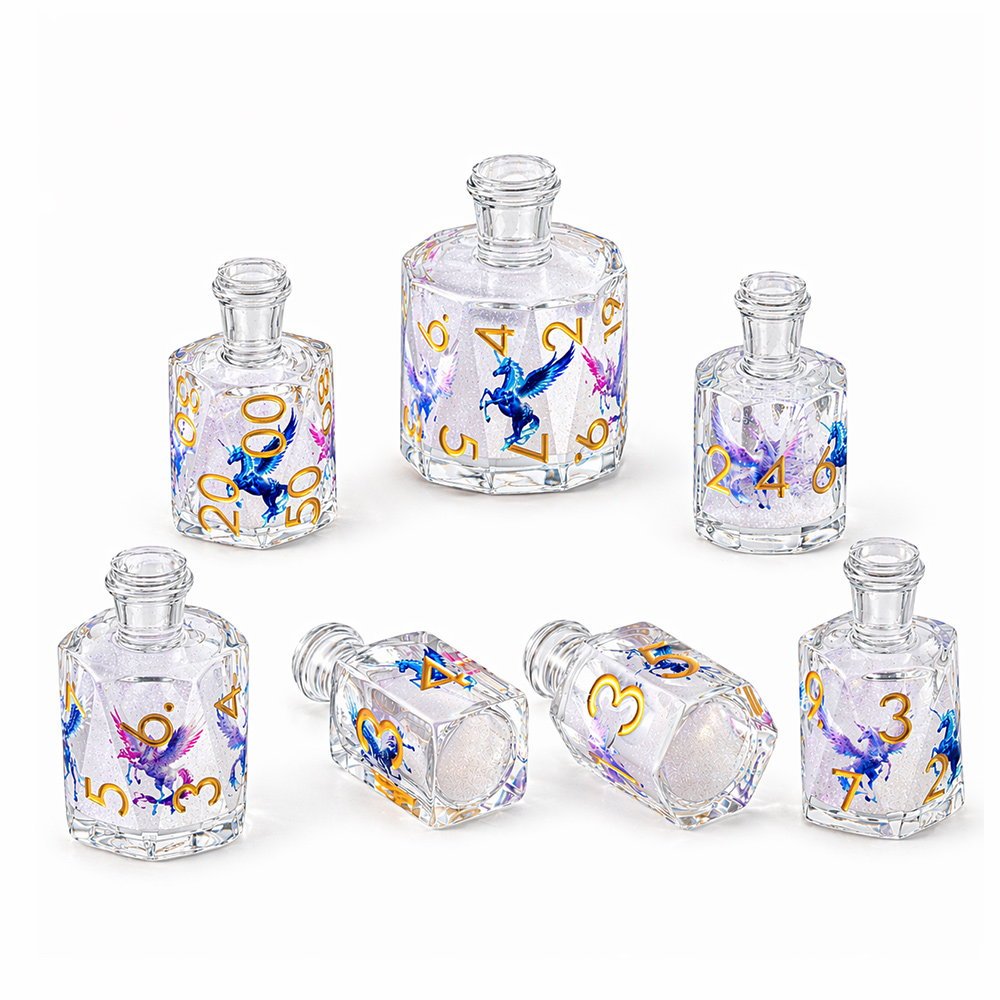 Pegacorn 7-piece clear resin liquid core DND dice set with pegacorn motifs on white background.