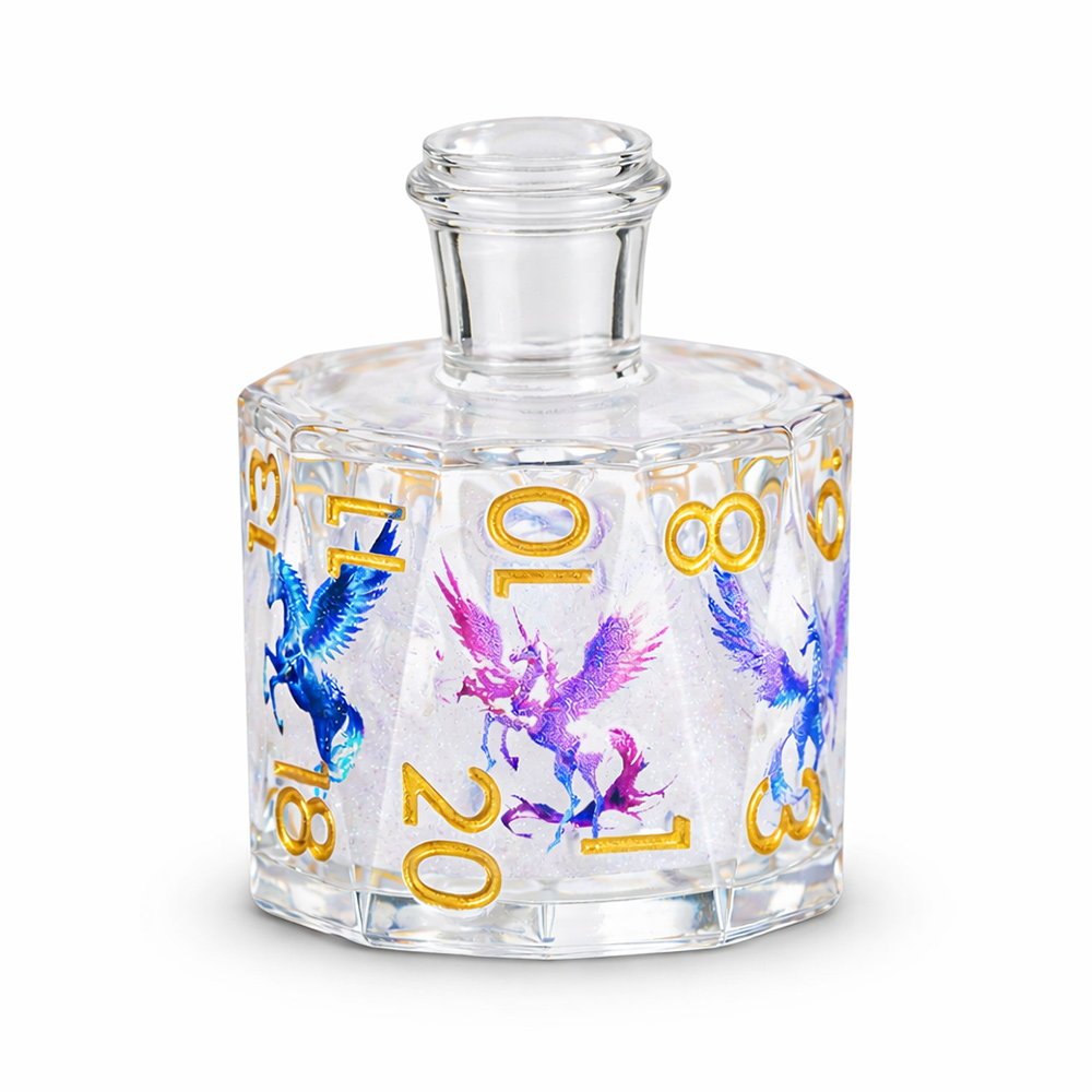 Pegacorn single D20 clear resin liquid core DND die with pegacorn motifs on white background.