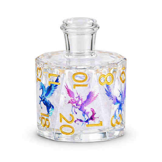 Pegacorn single D20 clear resin liquid core DND die with pegacorn motifs on white background.
