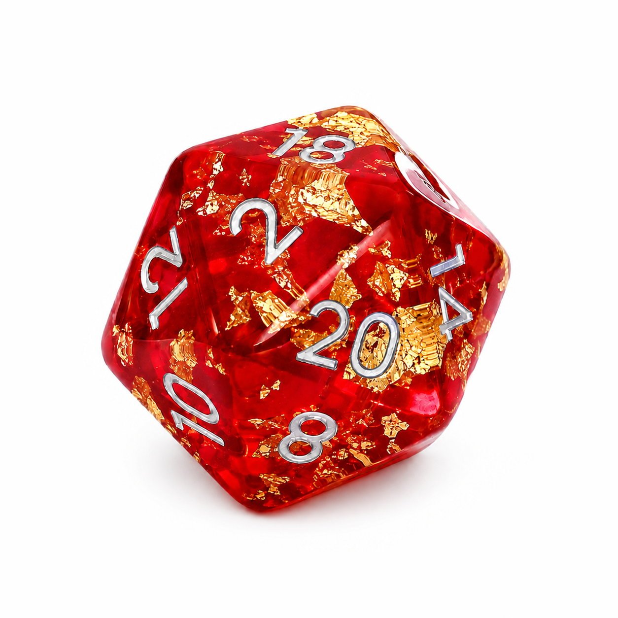 Phoenix Rebirth single D20 red resin DND die with gold foil flakes and silver numbers on white background.