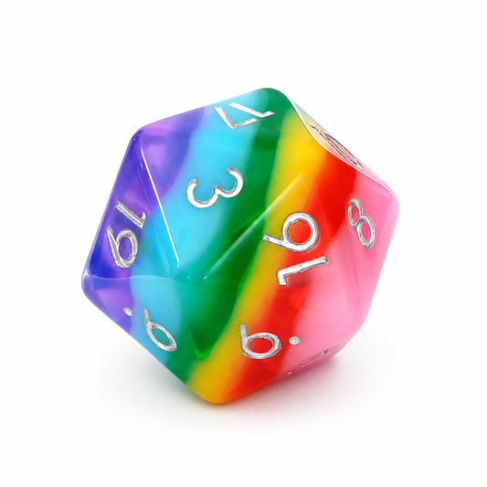 Rainbow Candy single D20 rainbow layered resin DND die with silver numbers on white background.
