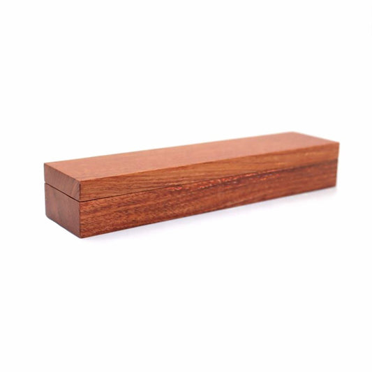 Rectangular Brown Wooden DND Dice Box shown closed with a slim wooden storage design on white background.