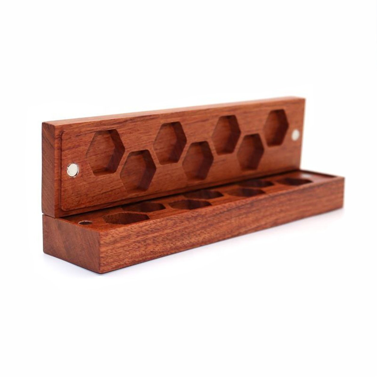 Rectangular Brown Wooden DND Dice Box shown closed with a slim wooden storage design on white background.