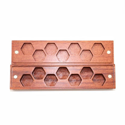 Rectangular Brown Wooden DND Dice Box top view showing individual hexagon-style slots on white background.