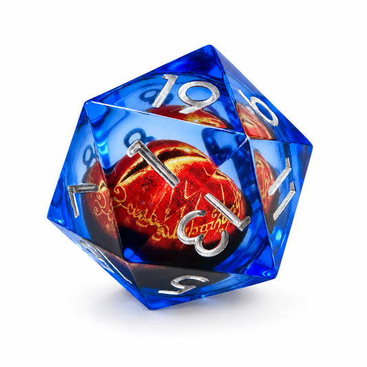 Sapphire Flame Dragon Eye single D20 blue liquid core DND die with red dragon eye and silver numbers on white background.