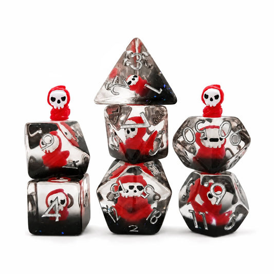 Scarlet Reaper 7-piece resin embedded DND dice set with scarlet reaper figures and smoky black base on white background.