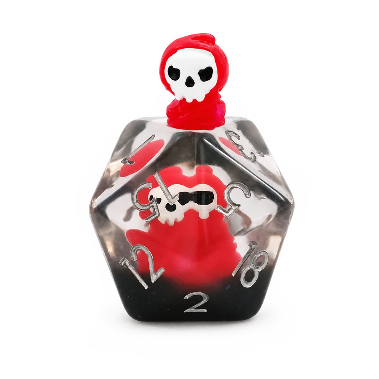 Scarlet Reaper single D20 clear resin embedded DND die with scarlet reaper figure, smoky black base, and silver numbers on white background.