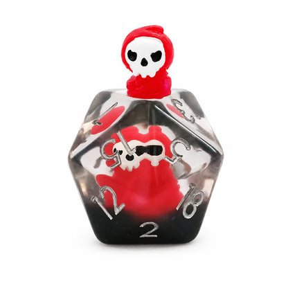 Scarlet Reaper single D20 clear resin embedded DND die with scarlet reaper figure, smoky black base, and silver numbers on white background.