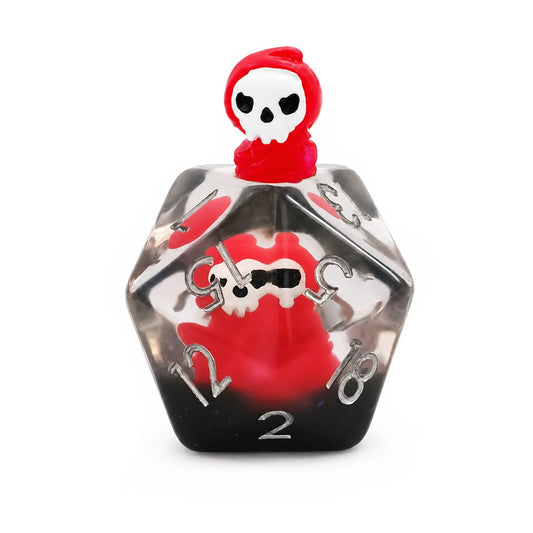 Scarlet Reaper single D20 clear resin embedded DND die with scarlet reaper figure, smoky black base, and silver numbers on white background.