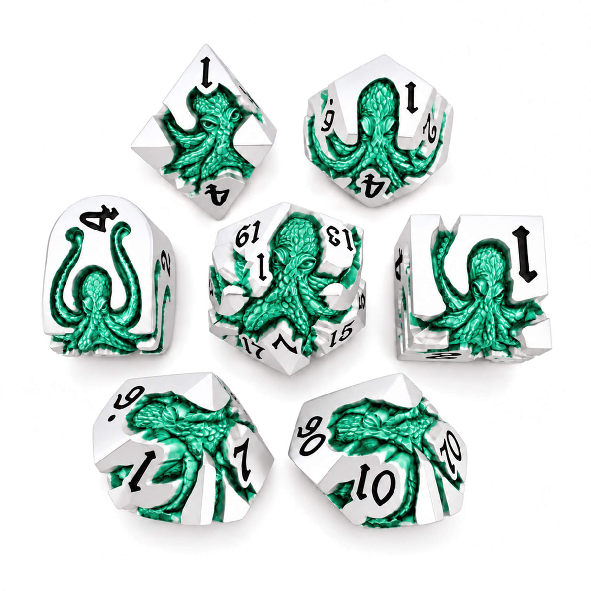 Seafoam Kraken 7-piece silver-tone metal DND dice set with seafoam green pearlescent kraken designs and black numbers on a white background.