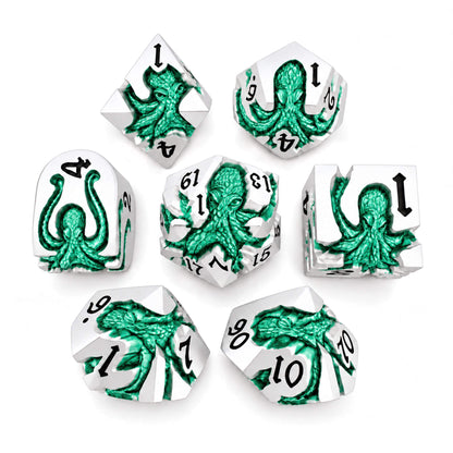 Seafoam Kraken 7-piece silver-tone metal DND dice set with seafoam green pearlescent kraken designs and black numbers on a white background.