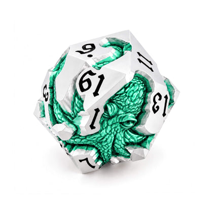 Seafoam Kraken silver-tone metal D20 with seafoam green pearlescent kraken design and black numbers on a white background.