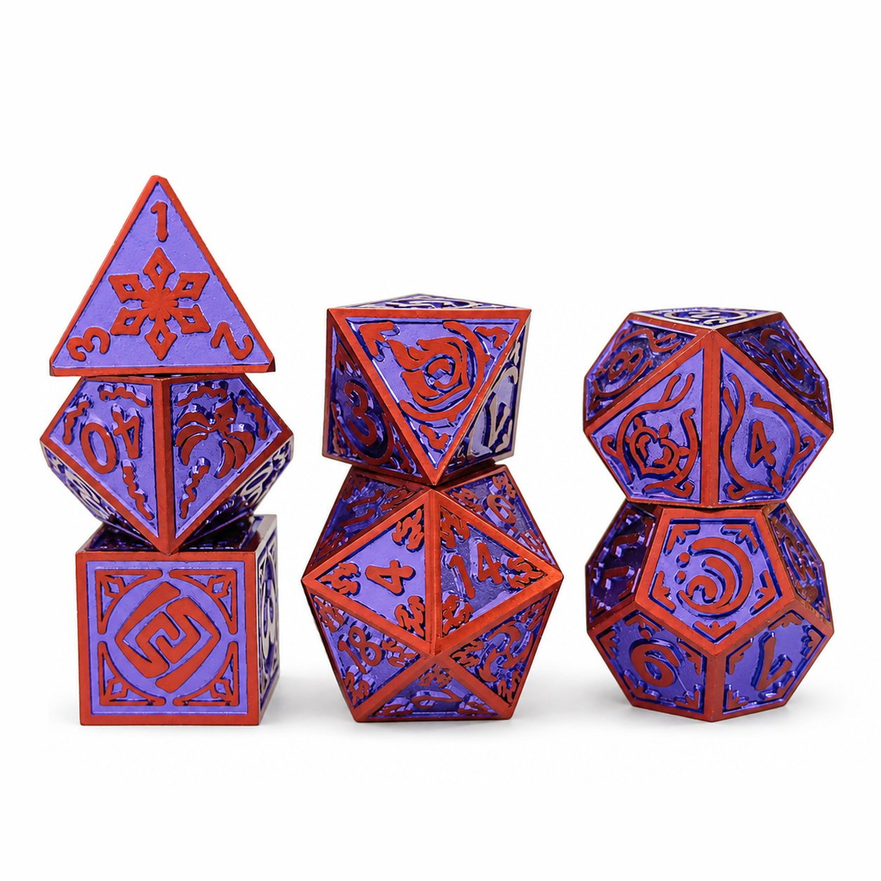 Starseer Oracle 7-piece purple metal DND dice set with red frame and ornate numbers on white background.