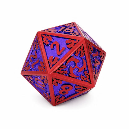 Starseer Oracle single D20 purple metal DND die with red frame and ornate numbers on white background.