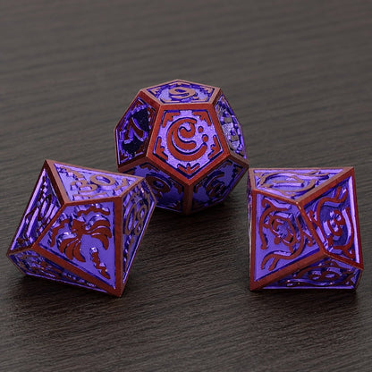 Starseer Oracle close-up of three purple metal DND dice with red frames on a dark wood tabletop.