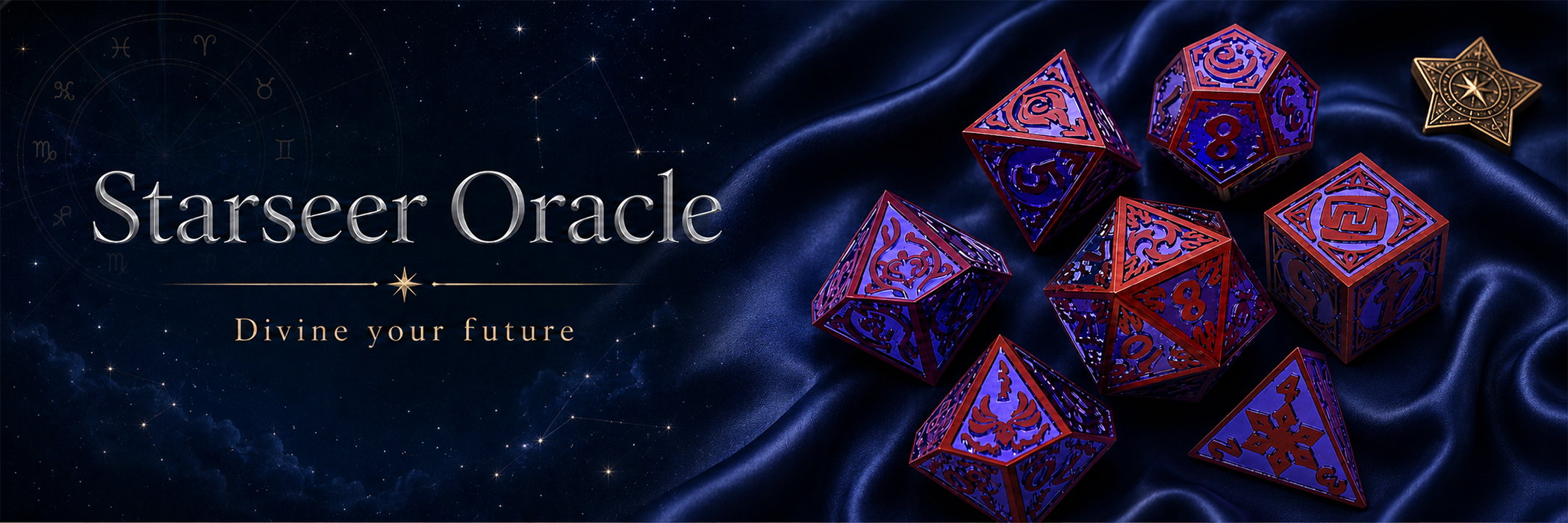Starseer Oracle metal DND dice set on navy silk with celestial stars and oracle banner text.