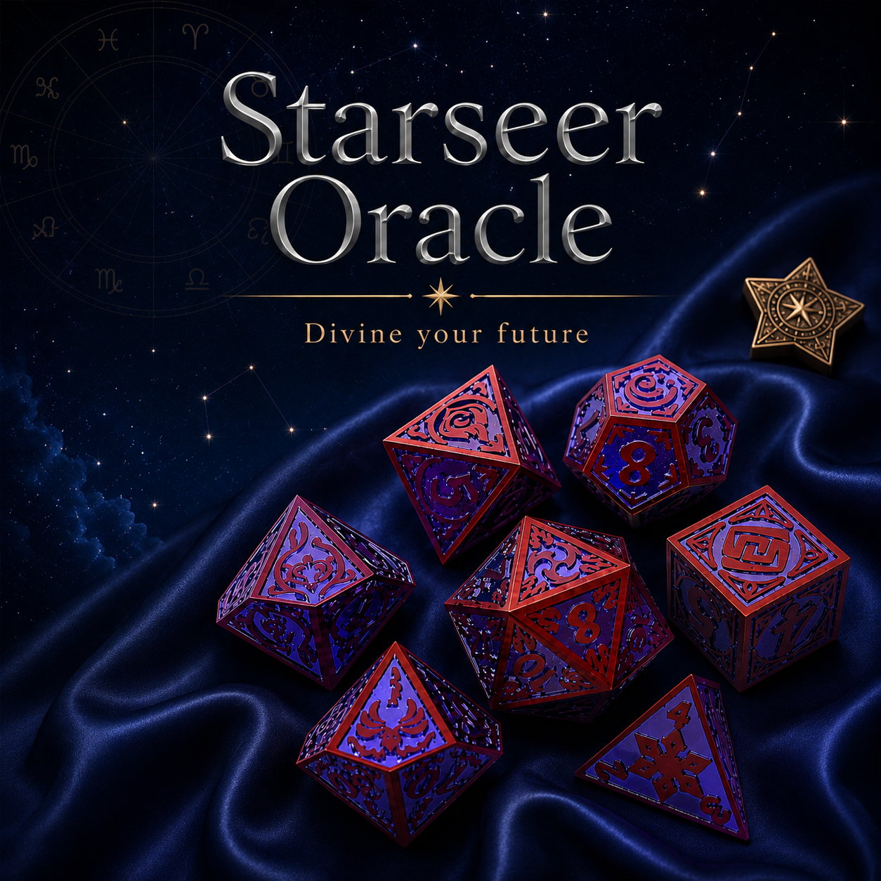 Starseer Oracle metal DND dice set on navy silk with starry celestial details for mobile banner.