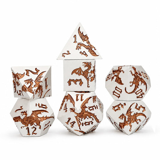 Steampunk Dragon 7-piece silver-white metal DND dice set with bronze dragon engravings on white background.