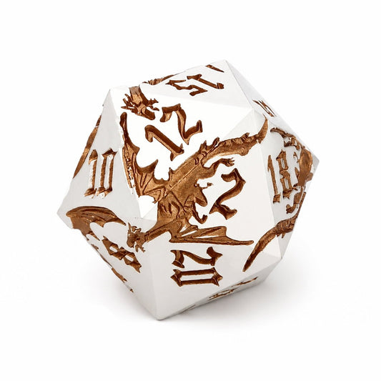 Steampunk Dragon single D20 silver-white metal DND die with bronze dragon engravings on white background.