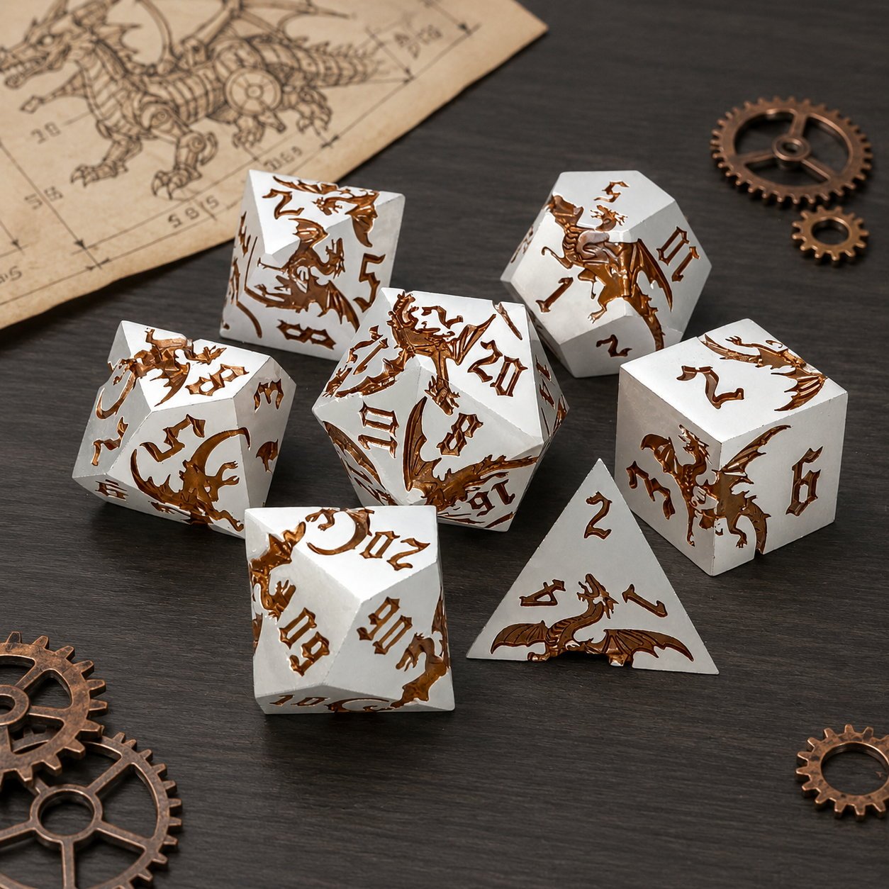 Steampunk Dragon 7-piece metal DND dice set on a dark tabletop with gears and a dragon blueprint.