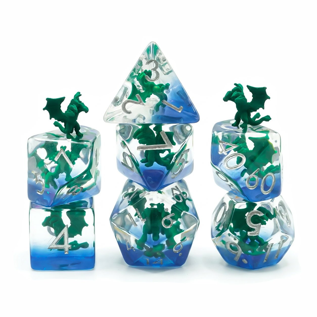 Swamp Hydra 7-piece clear resin embedded DND dice set with green hydra figures and blue base on white background.
