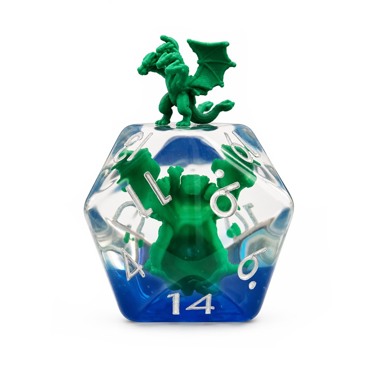 Swamp Hydra single D20 clear resin embedded DND die with green hydra figure, blue base, and silver numbers on white background.