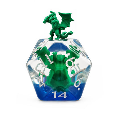 Swamp Hydra single D20 clear resin embedded DND die with green hydra figure, blue base, and silver numbers on white background.