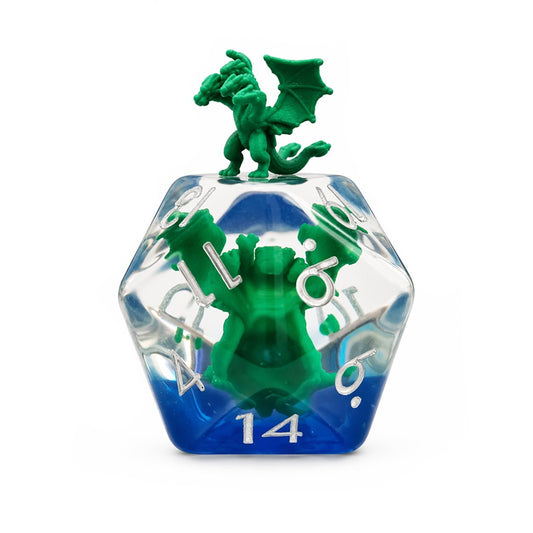 Swamp Hydra single D20 clear resin embedded DND die with green hydra figure, blue base, and silver numbers on white background.