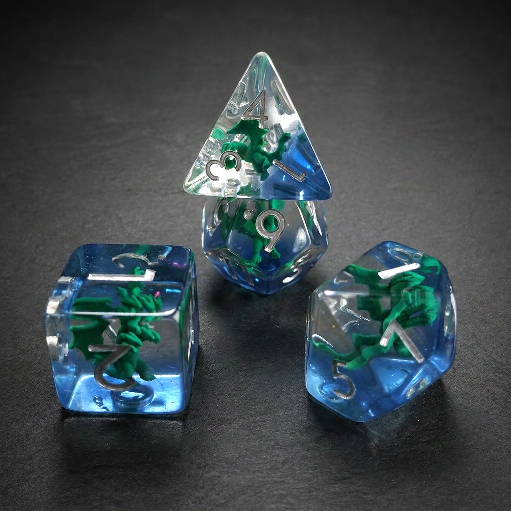 Swamp Hydra close-up of four clear resin embedded DND dice with green hydra figures on a dark background.