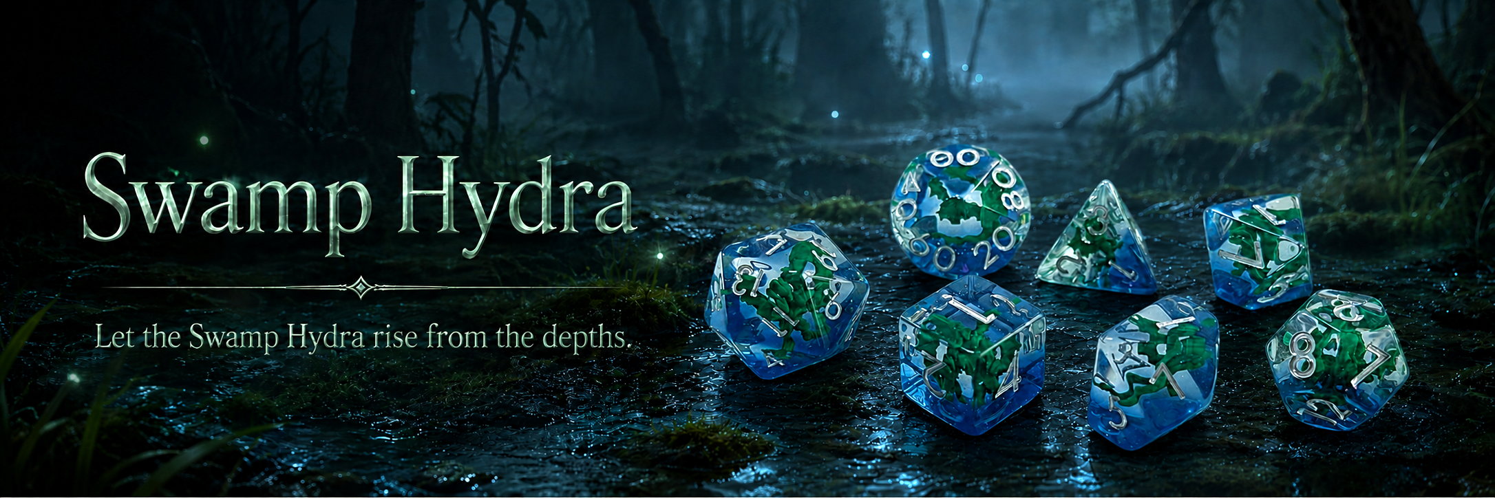 Swamp Hydra embedded resin DND dice set in a misty swamp scene with blue-green fantasy lighting.