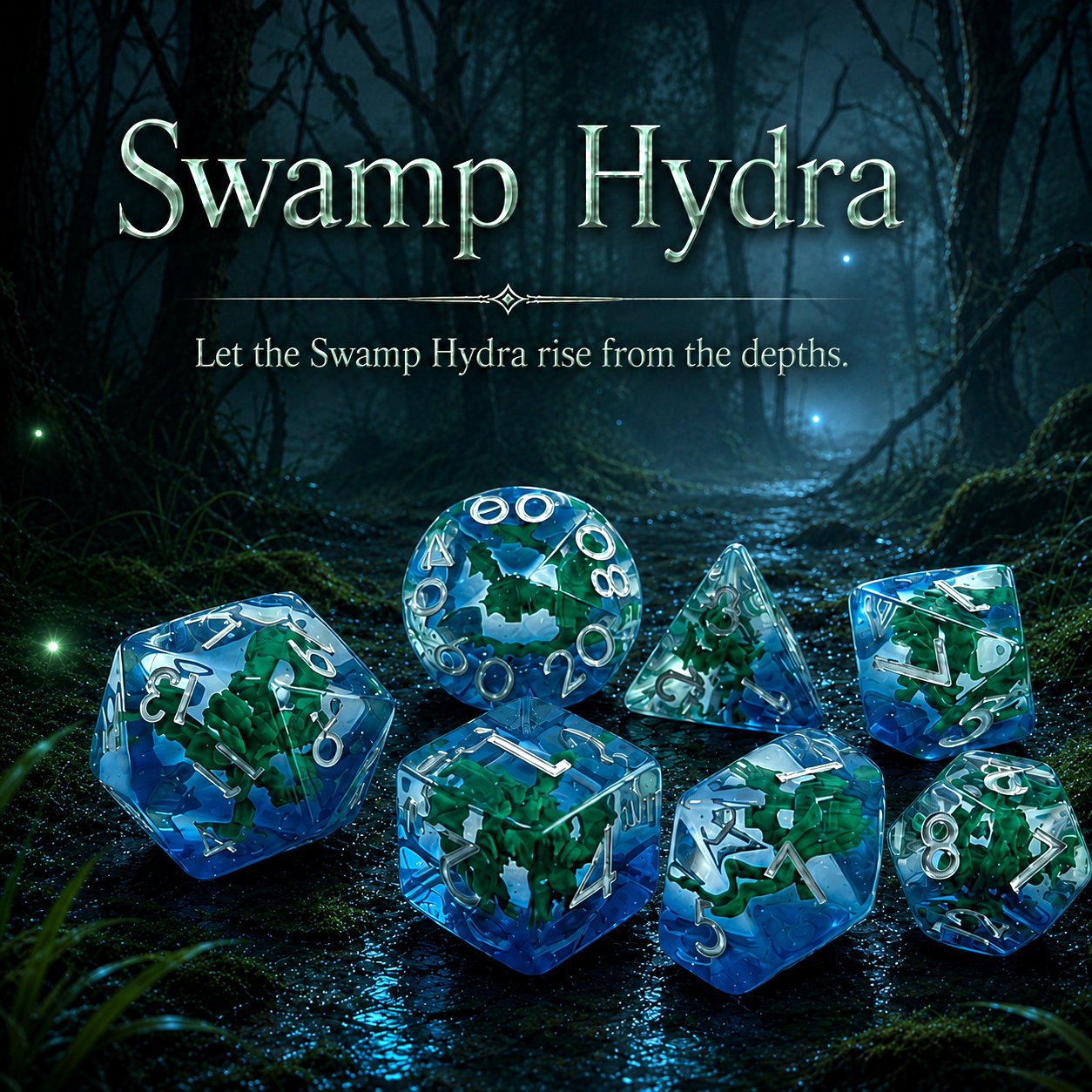 Swamp Hydra embedded resin DND dice mobile banner in a misty swamp with wet blue-green lighting.